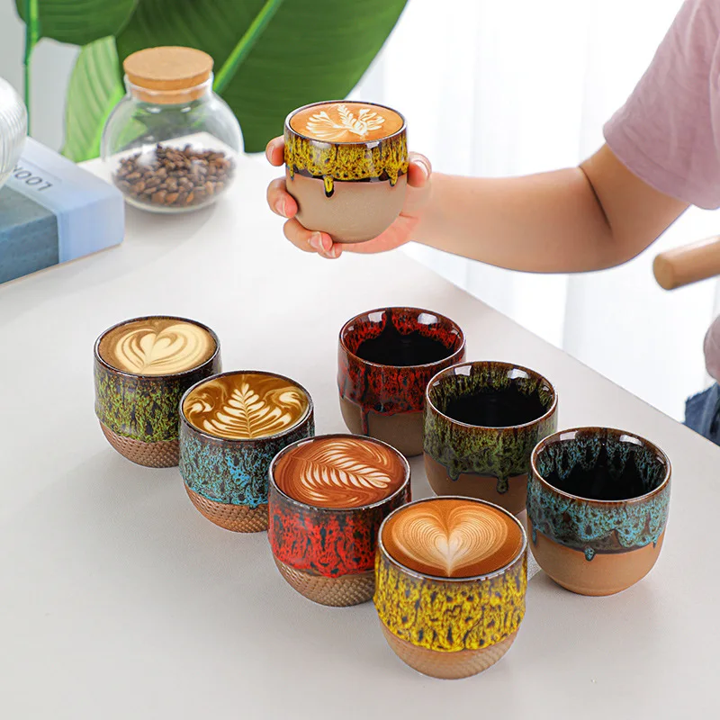 Japanische Keramiktasse für Espresso, Tee, Latte Art – Rustikale, handgefertigte Vintage-Kaffeetasse mit Glasur und Farbwechsel-Effekt für Heimdekoration