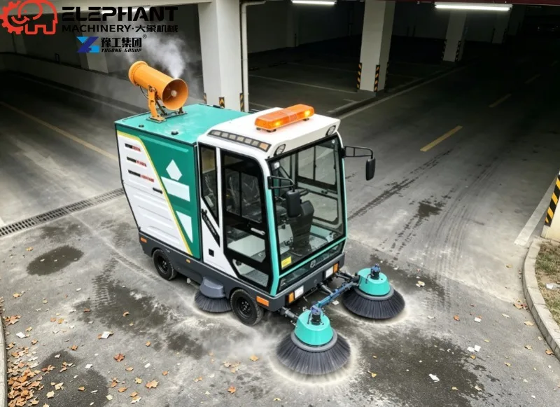 Commercial Semi‑closed Cabin Ride‑on Sweeper Machine Multi Side Brushes For Industrial Park And Community Pavement Sweeping