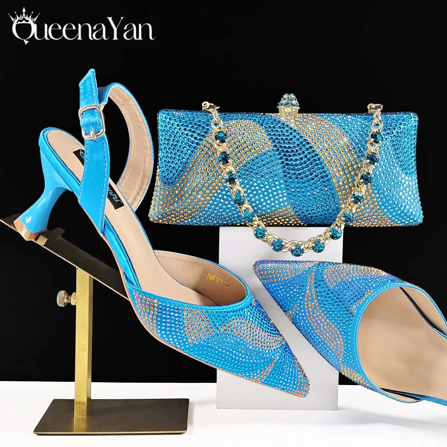 

Queena Yan New Arrival SKy Blue Color Full of Sequins Decoration Design Pointed toe Lady Shoes and Bag Set for Party Wedding