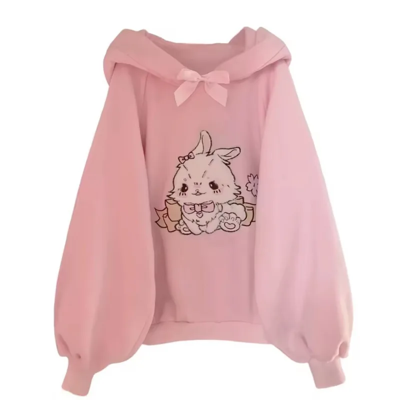Damska bluza z kapturem na wiosnę 2026, z koronkowym dekoltem, urocza, w stylu Harajuku Kawaii, lolita, różowa, z haftem jagnięciny i cukierków, sudadera. — zdjęcie 2
