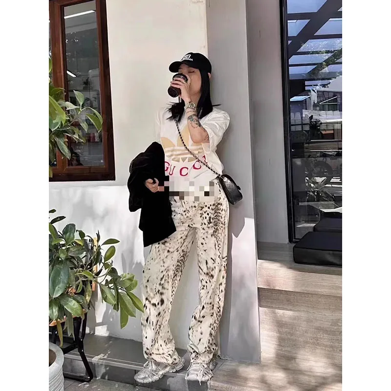 Summer New Fashionable Retro Straight Leopard Wide-Leg Pants Versatile High-Waisted Slim Same Wave Loose Button Jeans Men Women