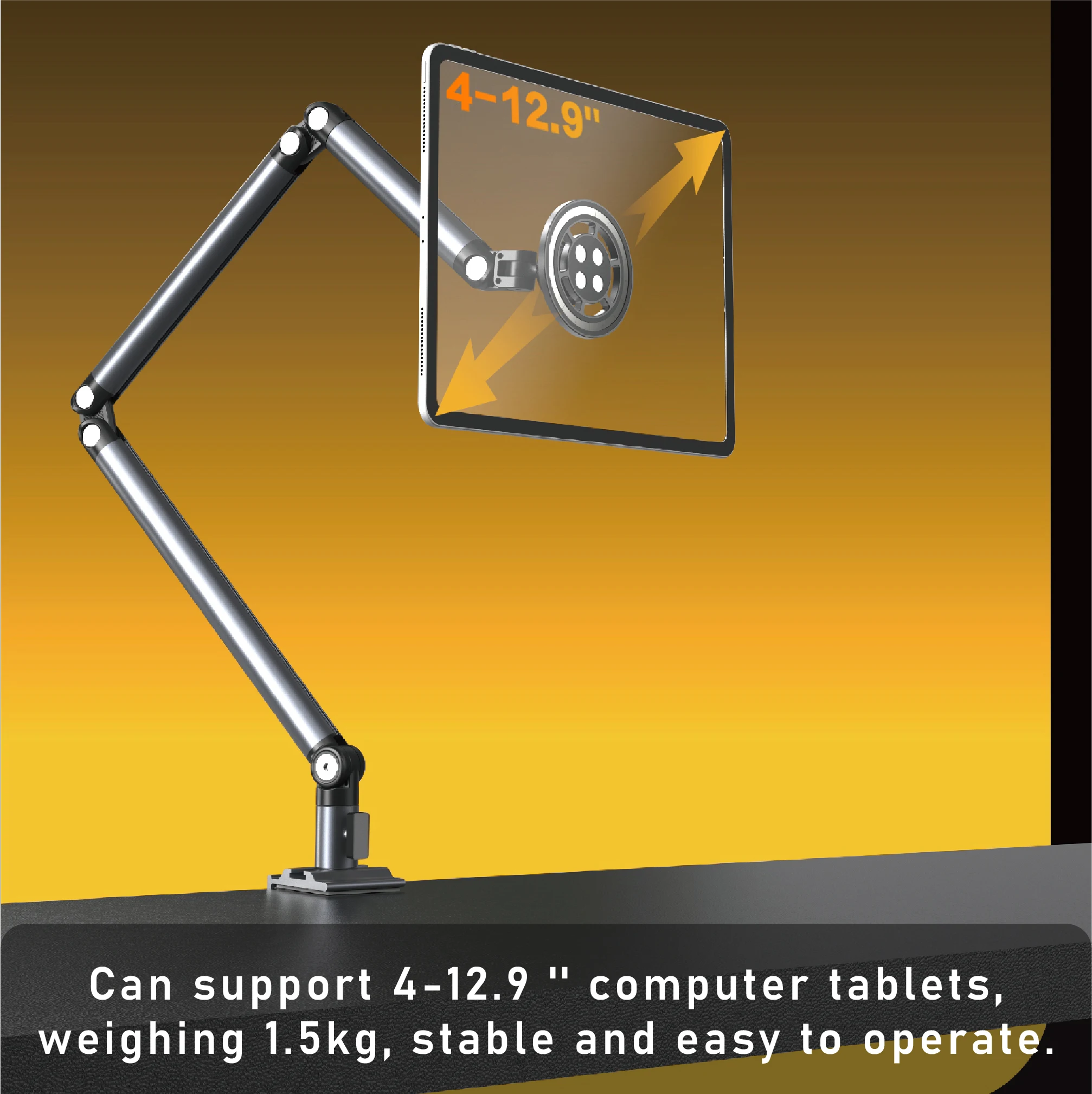 Kimdoole Adjustable Tablet Stand Foldable Aluminum Universal Flexible Holder 360 Degree Rotation for 4.5-12.9 Inches Devices