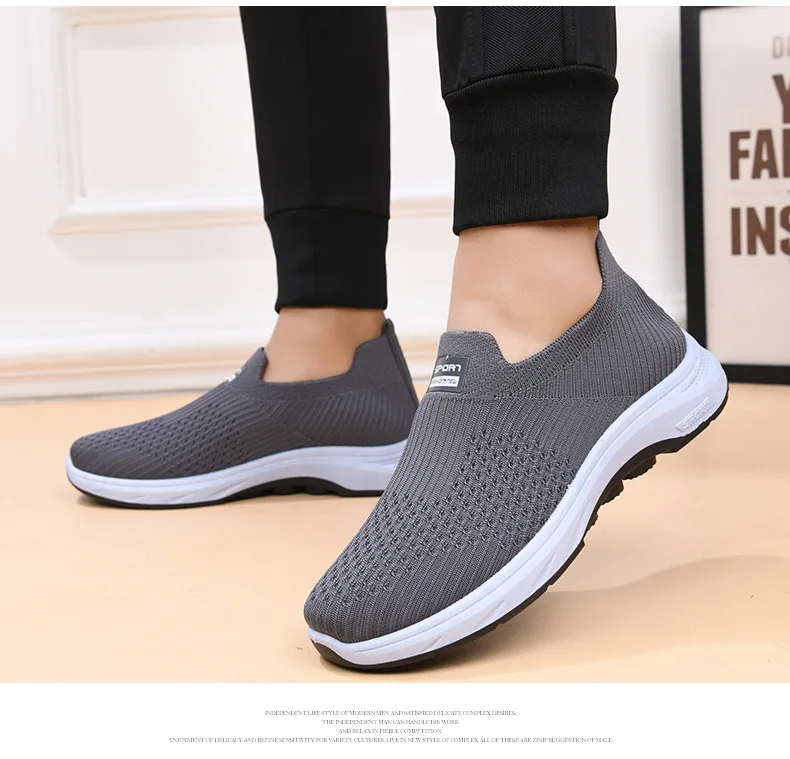 Herren-Strick-Slipper, atmungsaktives, fliegendes Gewebe-Obermaterial, dicke, rutschfeste Sohle, bequeme Freizeitschuhe zum Gehen – Detail 13