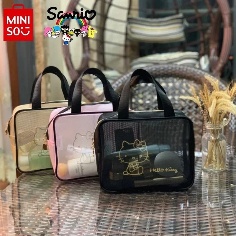 

HelloKitty New Cosmetic Bag Luxury Brand Fashion Mesh Transparent Ladies Portable Cosmetic Bag Cartoon Cute Storage Wash Bag