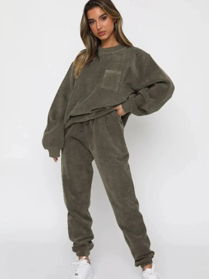 

Autumn And Winter New Corduroy Solid Color Pullover Long Sleeve Female Suit Casual Sports Fashion Pants For Women's 2 Piece Set