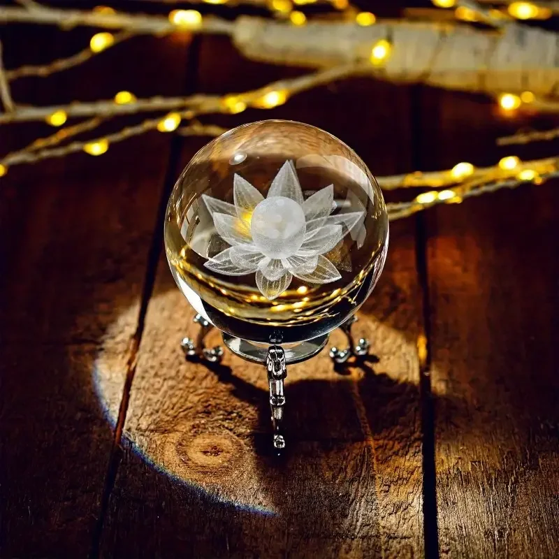 Lotus Crystal Ball Decoration with Base – Elegant Glass Globe Gift for Birthday, Home Decor for Girlfriend