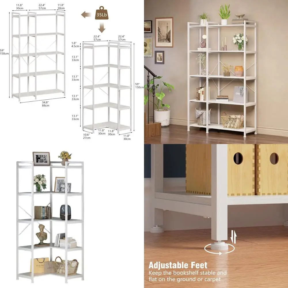 Bookshelf 5 Tier Deformable Corner Bookcase Free Standing Modern Industrial Book Storage Display Book Shelf for Bedroom Living R