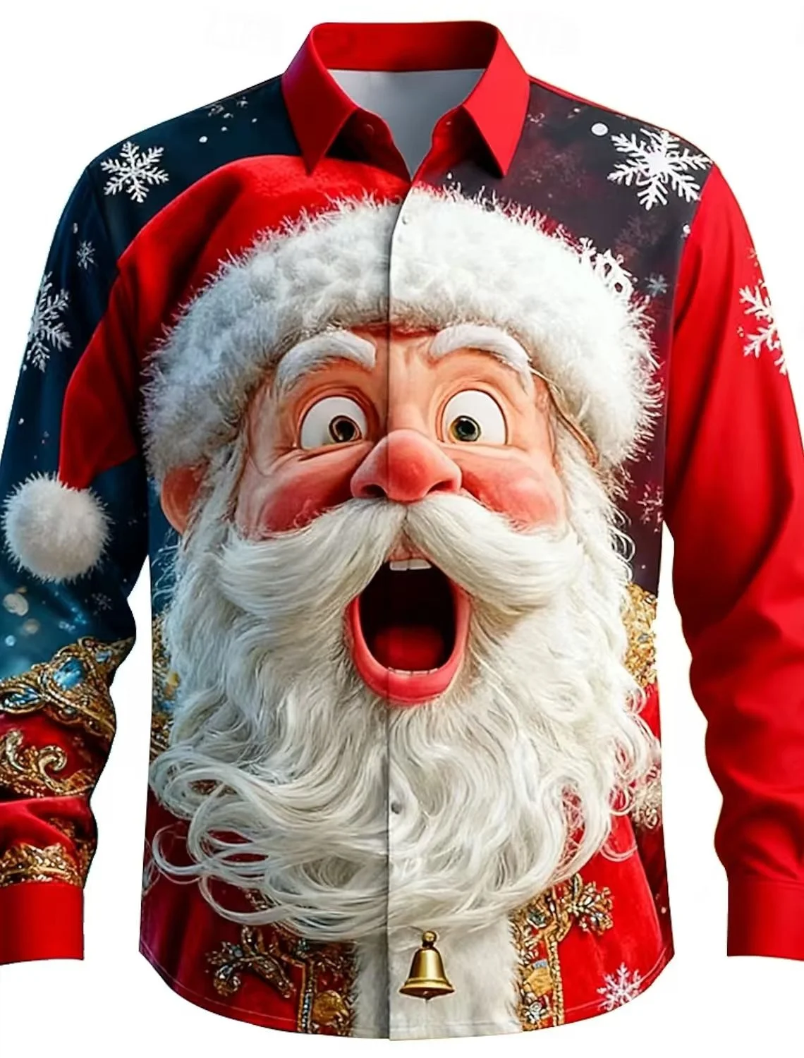 2026 Nueva camisa navideña de copo de nieve para hombre, manga larga con botones, camisa festiva con cuello de otoño/invierno