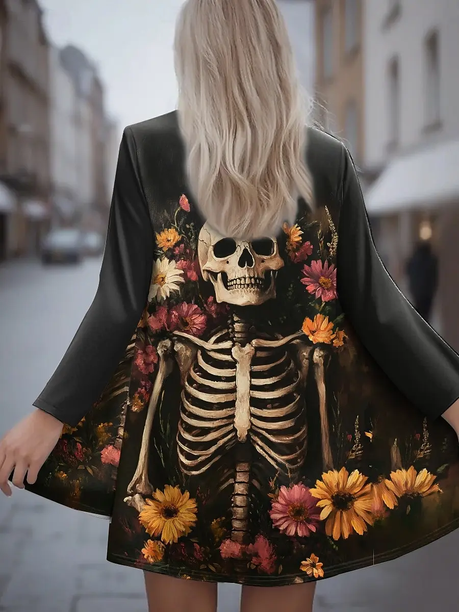 ハロウィン レディース 3D プリント スカル 長袖カーディガン、ポリエステル オープンフロント、軽量カバーアップ、春秋カジュアルコート