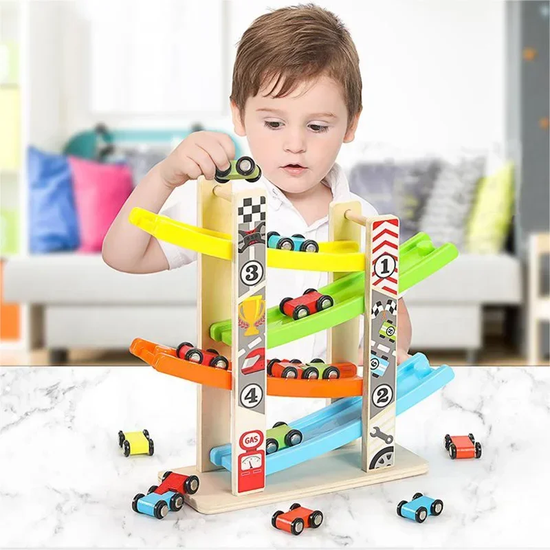 Juego de coches de juguete para niños pequeños, rampa de madera de 4/7 pista, juego de juguete educativo Montessori, Mini montaña rusa deslizante de