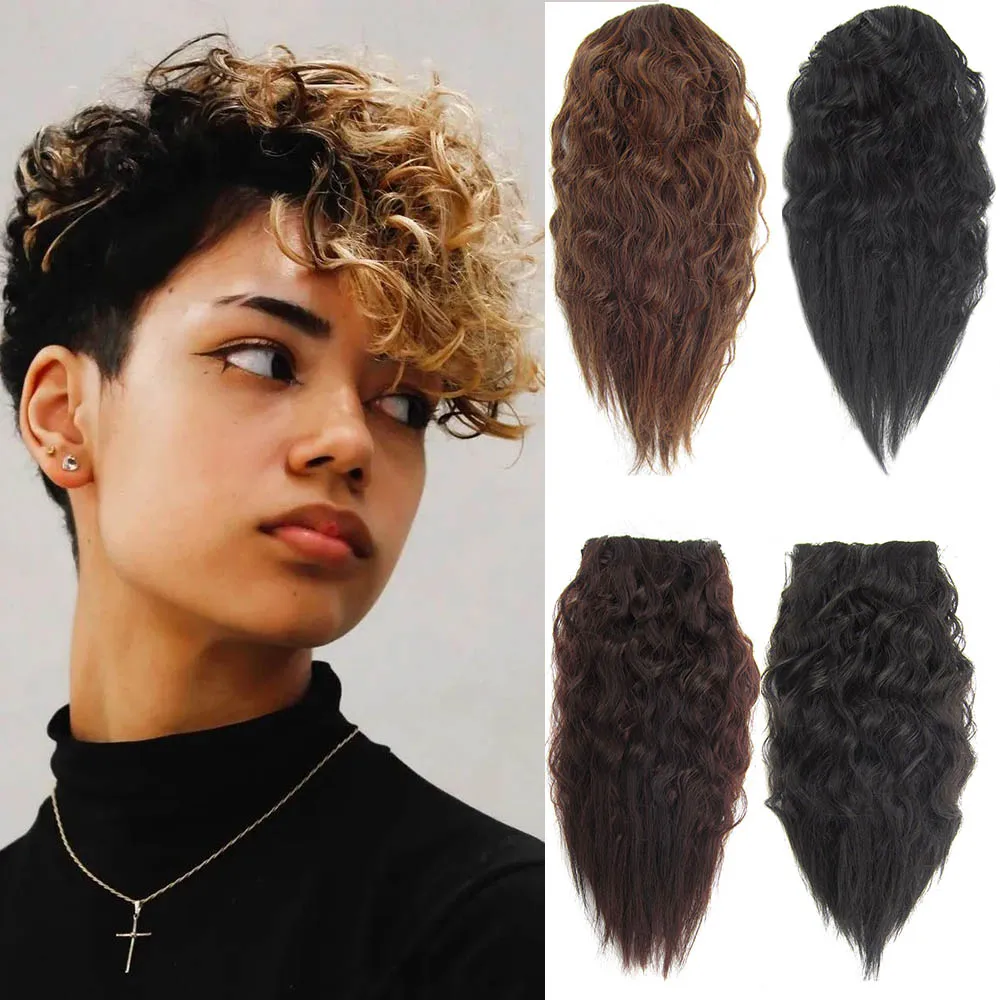 Jeedou Synthetic Short Kinky Curly Hair Extension With 2Clips One Piece Clip in Hair Black Light Brown Hairpiece