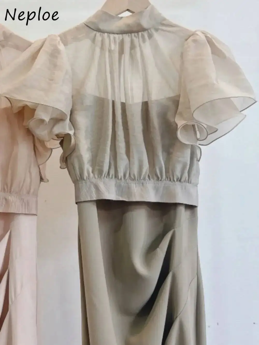Elegante fino celebridade meia manga gola mujer chiffon fungo retalhos blusa japão estilingue sólido novo vestido