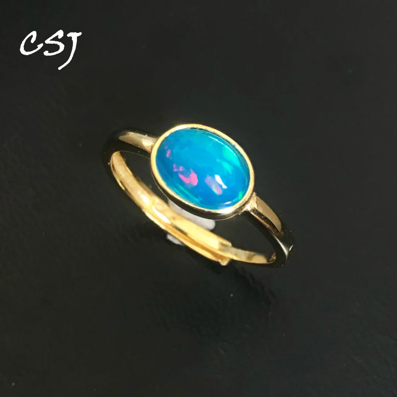 

CSJ Elegant Natural Blue Opal Ring 925 Sterling Silver Black Fire Opal Gemstone Oval 8*6mm for Women Jewelry Birthday Party Gift