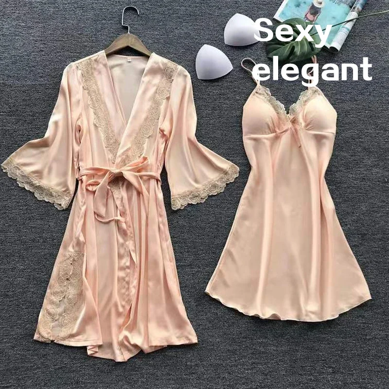 2pcs Woman Sexy Pajamas Sleepwear Lace Robe And Pants Lingerie Bathrobe Silk Satin Home Clothed Nightwear For Ladies