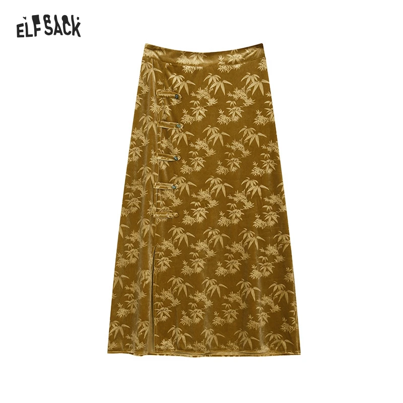 ELFSACK 2024 Winter New Arrivals Neo-Chinese Style Velvet Bamboo Leaf Print Slit Skirt For Women Sweet Elegant Long Skirt