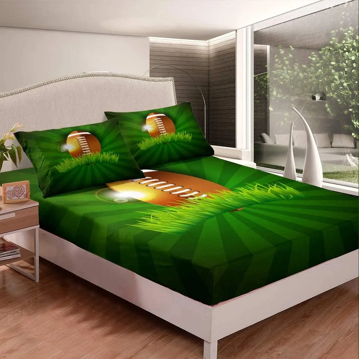 Rugby Football Fitted Sheet Ball Sports Game Theme Bedding Set for Boys Girls Room Decor, Football Bed Sheet Set with Pillowcase