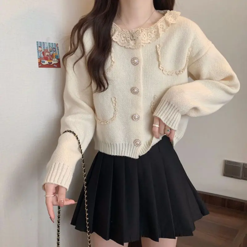 O-neck Lace Patchwork Sweater Women Autumn Winter O-neck Temperament Knitting Cardigan Elegant All-match Fashion Knitwear Tops