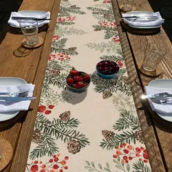 Winter Pine Cone Needle Branch Berry Linen Table Runner Botanical Tabletop Scarf  Decor, Holiday Party Rustic Dining Decorations