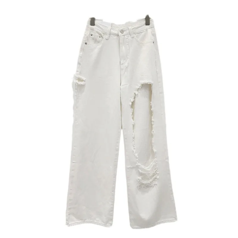 Déchiré Style de Rue pour Femme, Baggy Taille Haute, Droit, Délavé, Style Rétro, Nouvelle Collection Été 2024