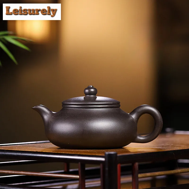 

160ml Creative Yixing Purple Clay Teapots Handmade Flat Abdomen Pot Raw Ore Black Zhu Mud Kettle With Infuser Zisha Tea Set Gift