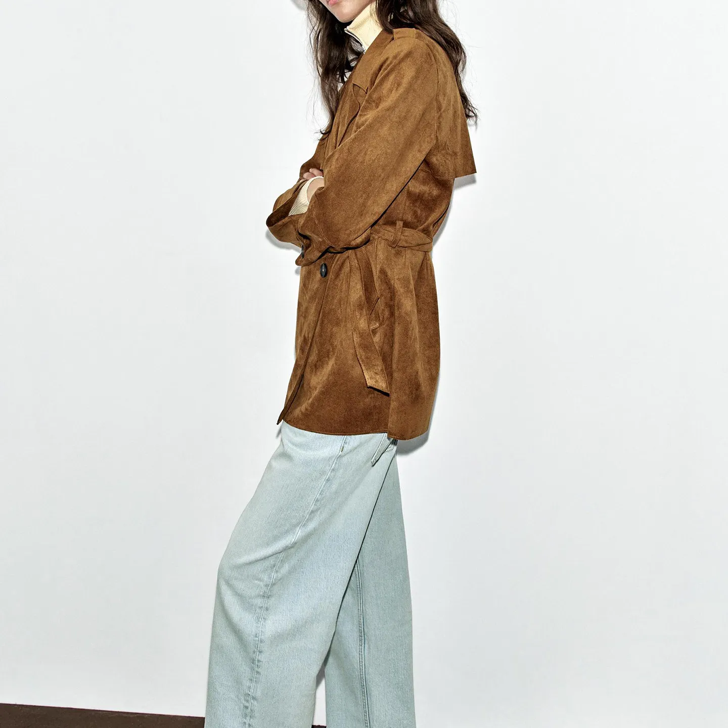 Women's Long Sleeve Turn-down Collar Belted Effect Coat Casual Loose Fit Mid-length Double-breasted Button Other Material 100%