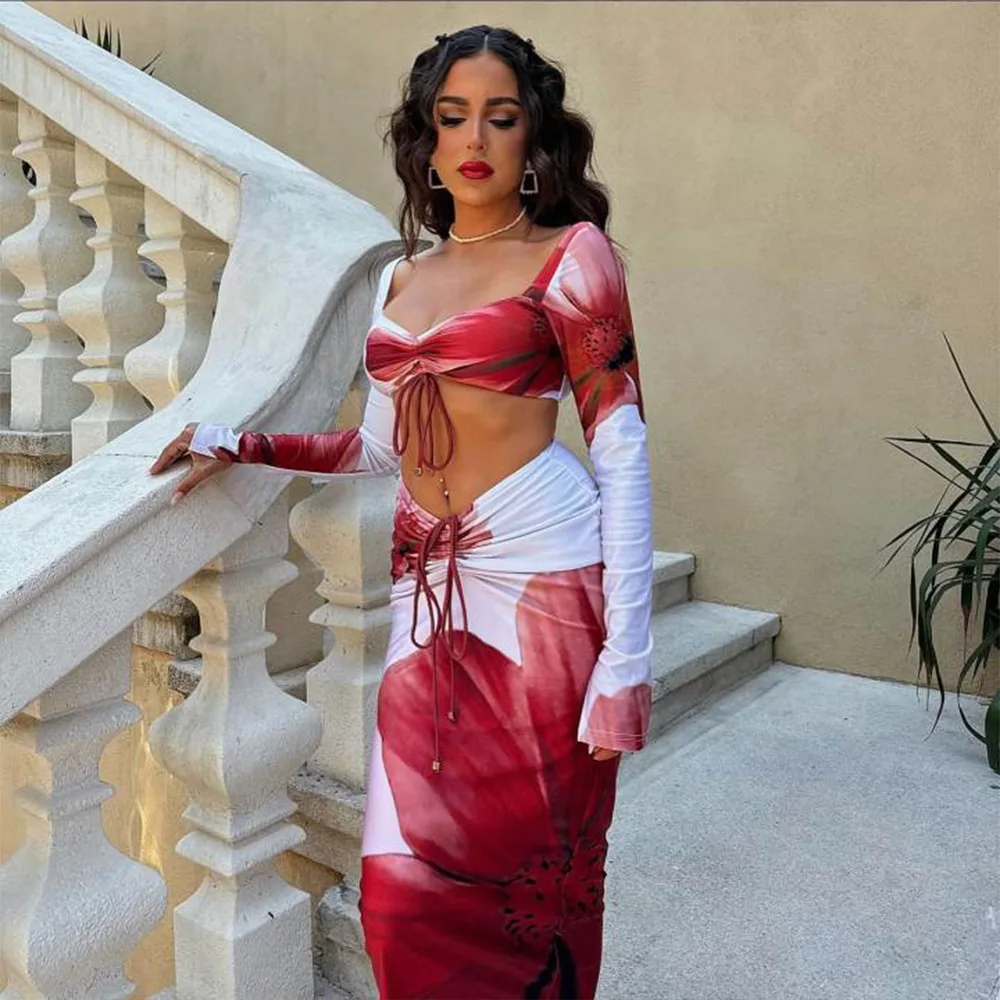 

Sexy Spicy Girl Print ter Ne Long Sve Dr Set Women's Faionable Ensemble Cross-Border New Arrival