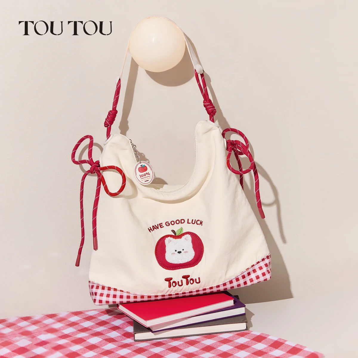 toutou cute apple dog embroidery tote Bag red checkered canvas shoulder bag for daily work large capacity casual bag for women