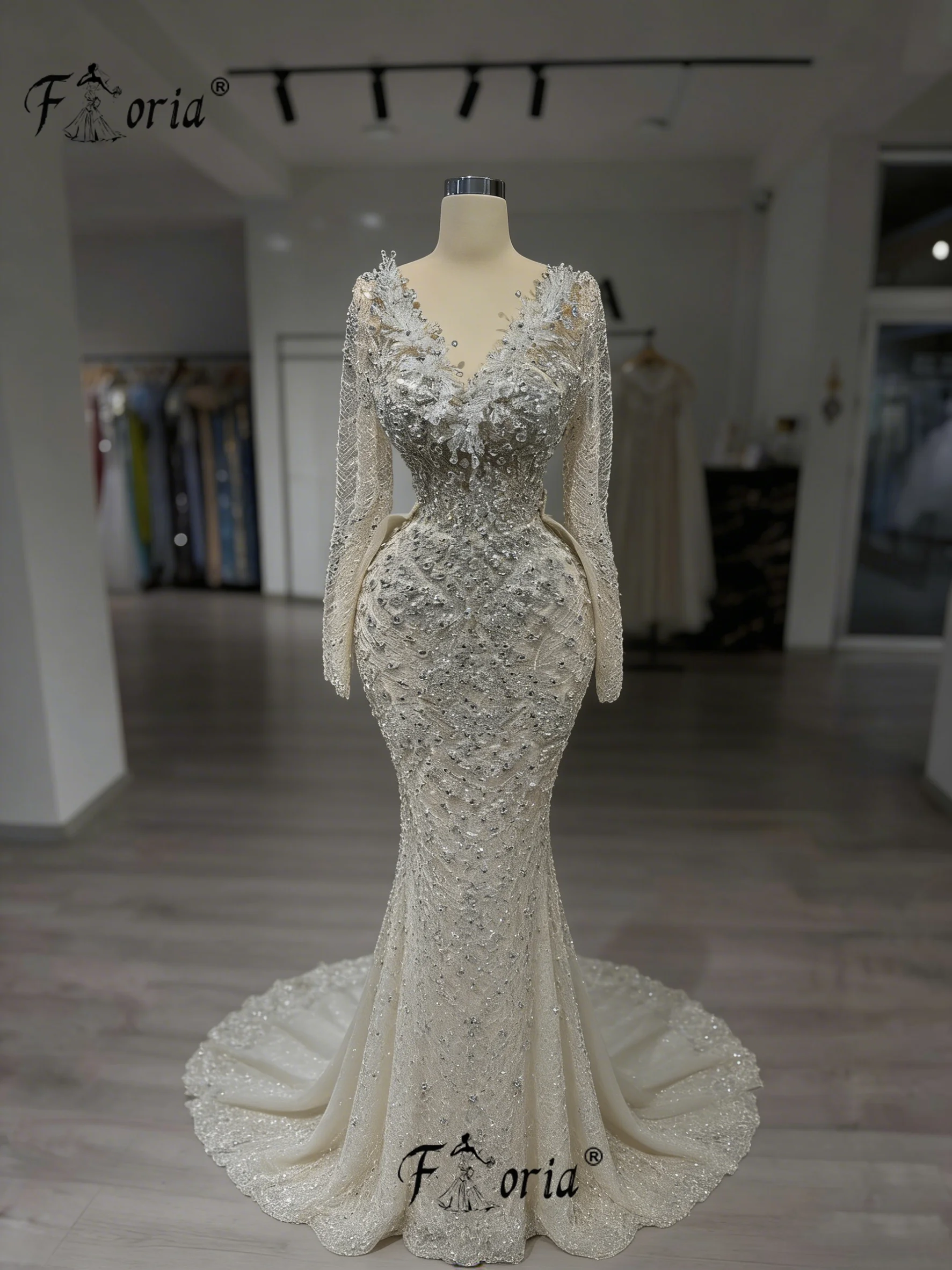

Luxo Beads Diamond Mermaid Wedding Dresses with Detachable Train Woman Long Sleeve Formal Party Dress Robe de Mariee Customized