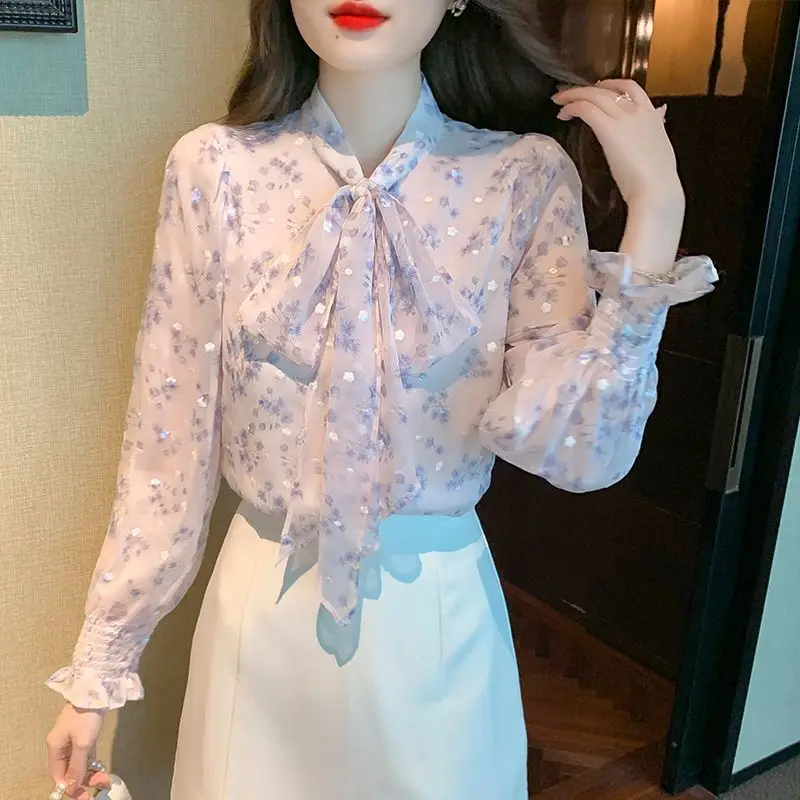 Women's Spring Autumn Bow Lace Up Chic Sweet Button Up Shirt Korean Fashion Print Chiffon Blouse Long Sleeve Tops Blusa Feminina