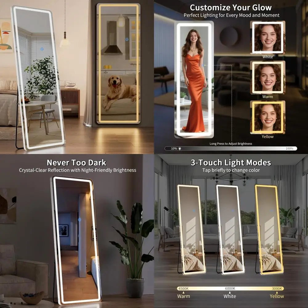 Miroir pleine longueur éclairé par LED, gradation 65 x 24 et réglable en 3 couleurs, grand miroir de coiffeuse pour chambre à coucher