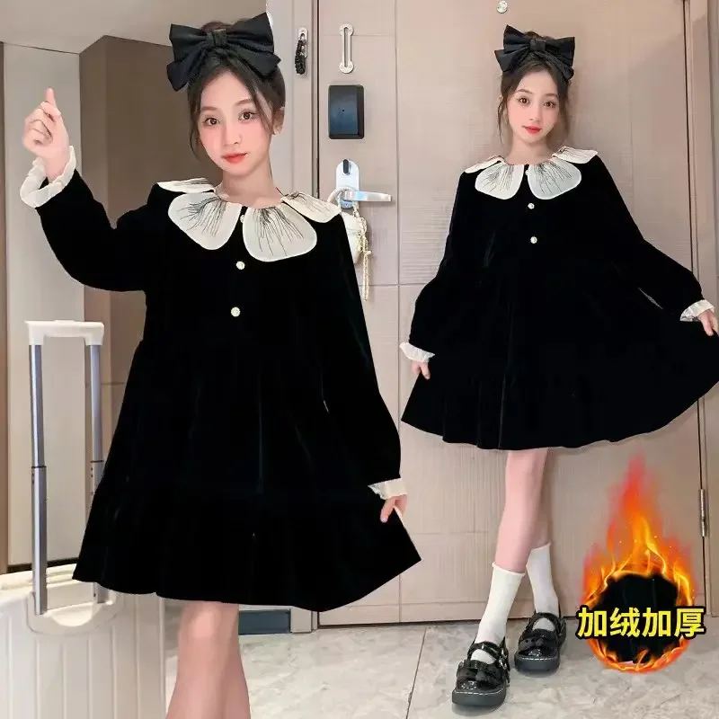 

Толстое вельветовое платье для девочек, весенне-зимнее бархатное платье принцессы с воротником-лепестком для подростков, корейская детская одежда для детей 4–14 лет