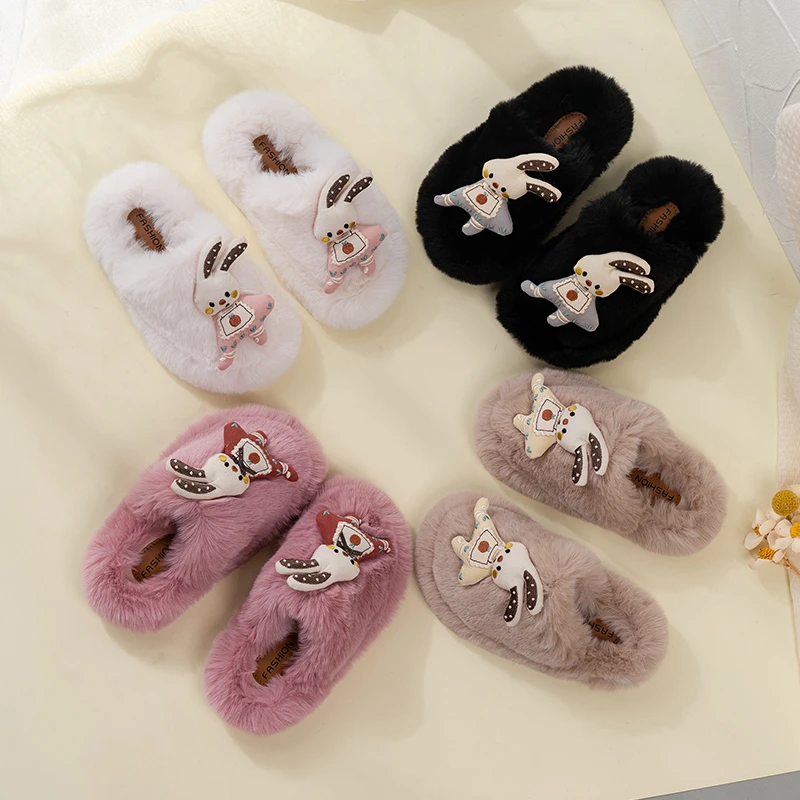 

Kids Fashion Shoes with Cute Rabbit Children Warm Slippers Casual Thick Plush 2025 Winter New Girls Slippers Indoors Soft Bottom