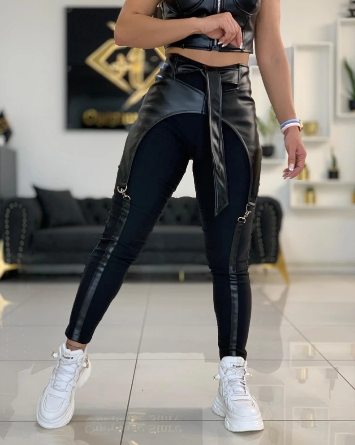 

Women's Panel Leggings Buckle Detail and Tie-Waist High Waist Pants Pick for Streetwear Looks