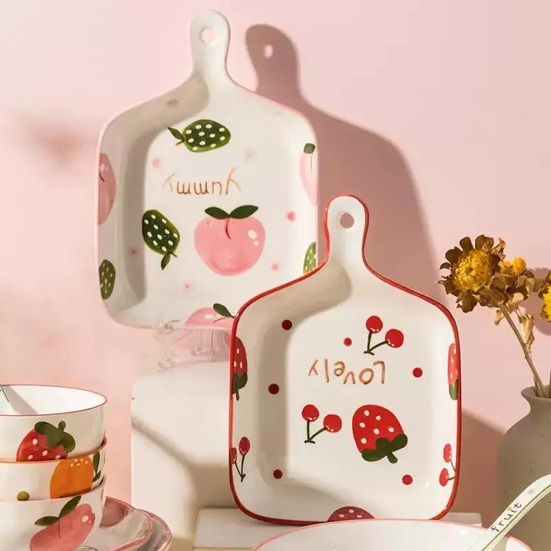 Ceramic Cartoon Fruit Pattern Tray Kitchen Tableware Dessert Cake Plate Desktop Decoration Baking Supplies, Handheld Plates, 1Pc