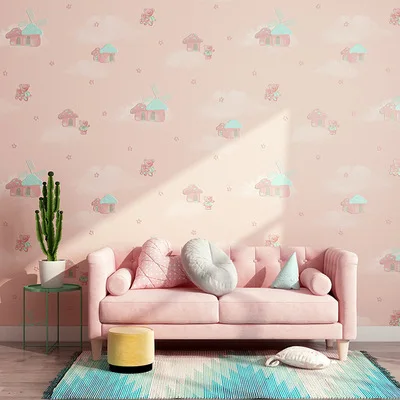 

Modern Cartoon House Cloud Non-Woven Wallpaper Children's Bedroom Decoration Lovely Fresh Environmental Protection Simple Home