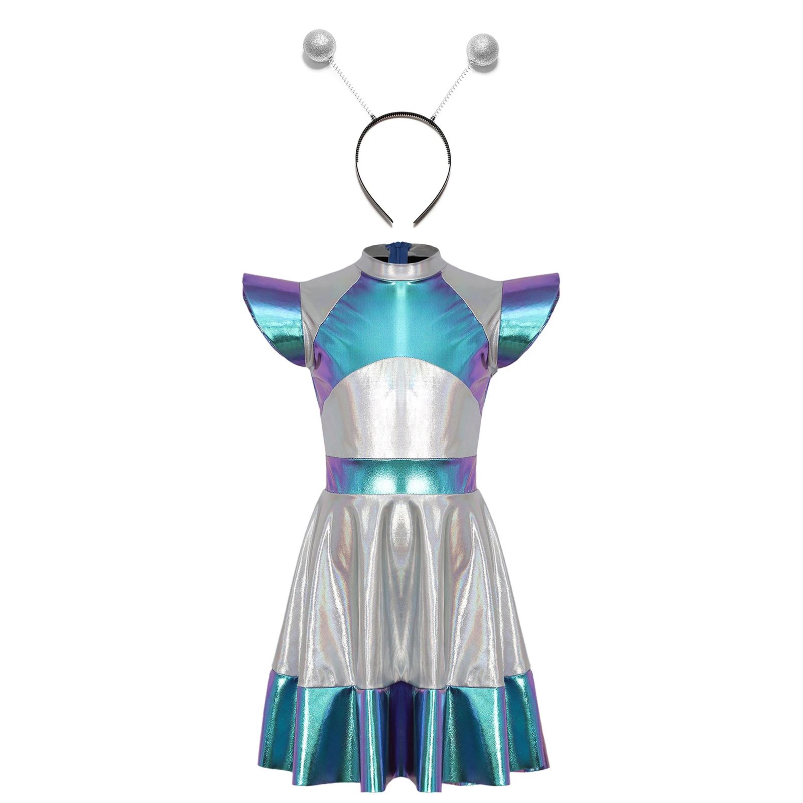 Children Girls Halloween Outer Space Cutie Alien Cosplay Costume Cap Sleeve Metallic Shiny Dress with Hair Hoop for School Show