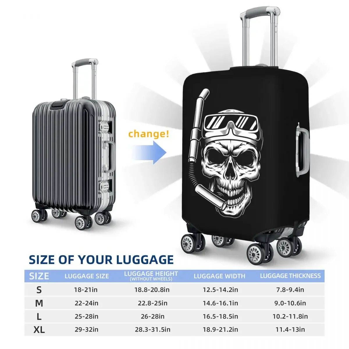 Custom Dive Diver Scuba Diving Skull Travel Luggage Cover Dust Proof Suitcase Cover Protector Fit 18-32 Inch