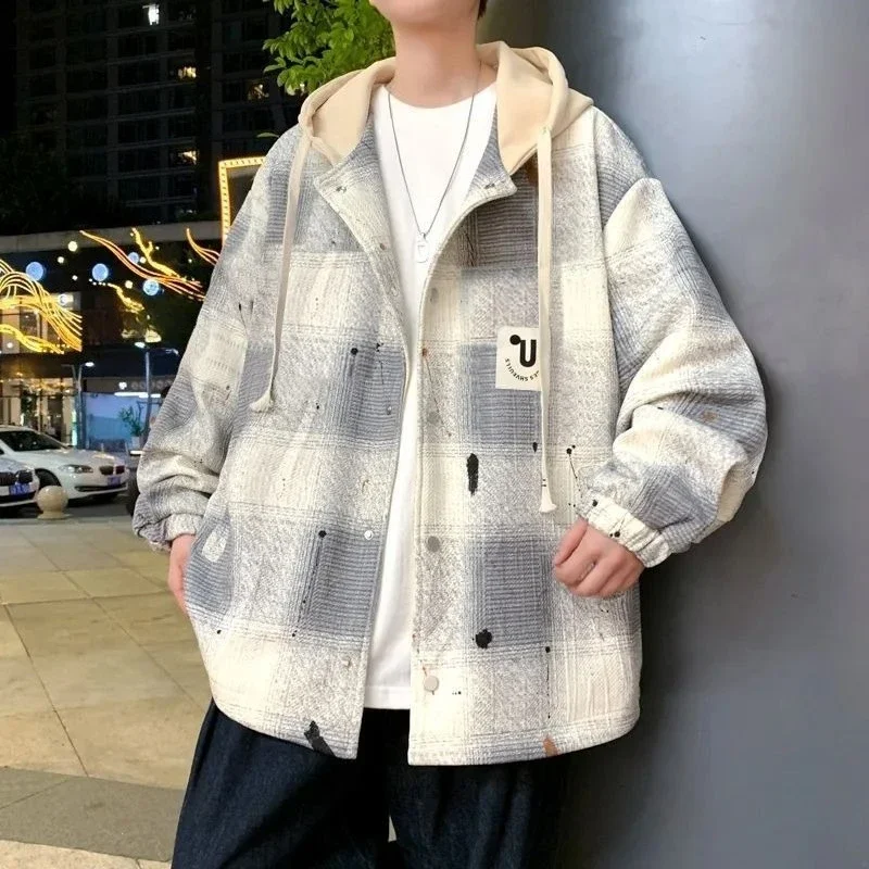 ​Men's Hong Kong Style Trendy Baseball Jacket Thickened Flannel Checkered Hooded Coat with Contrast Colors Winter Outerwear​