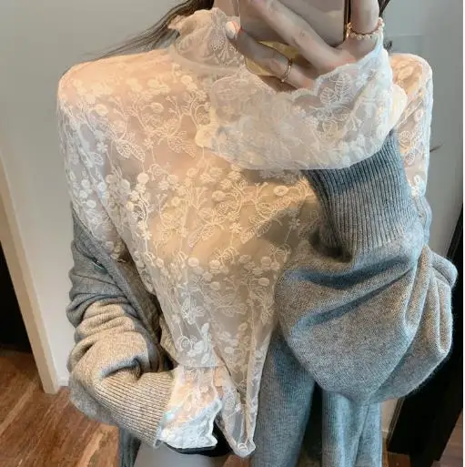 قميص نسائي شبكي بأكمام طويلة على الطراز الغربي للخريف والشتاء من الدانتيل بتصميم صغير رائع #5