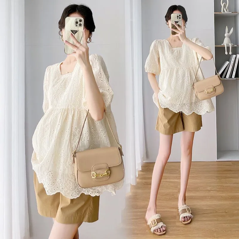 Set Gaun Musim Panas Wanita Hamil Baru 2025 Atasan Lengan Pendek Renda Mode Celana Pendek Tipis Set 2 Potong Set Lengan Pendek HamilLH814