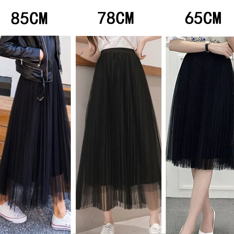 Vintage Tulle Skirt Women Streetwear Elastic High Waist Mesh Pleated Skirts Summer Elegant Korean A Line Office Ladies Skirt New