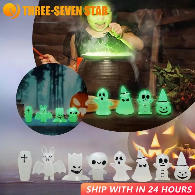 4pcs Luminous Miniatures Elf Figure Glow In Dark Halloween Glowing Spooky Pumpkin Skeleton Ghost Micro Landscape Home Decor