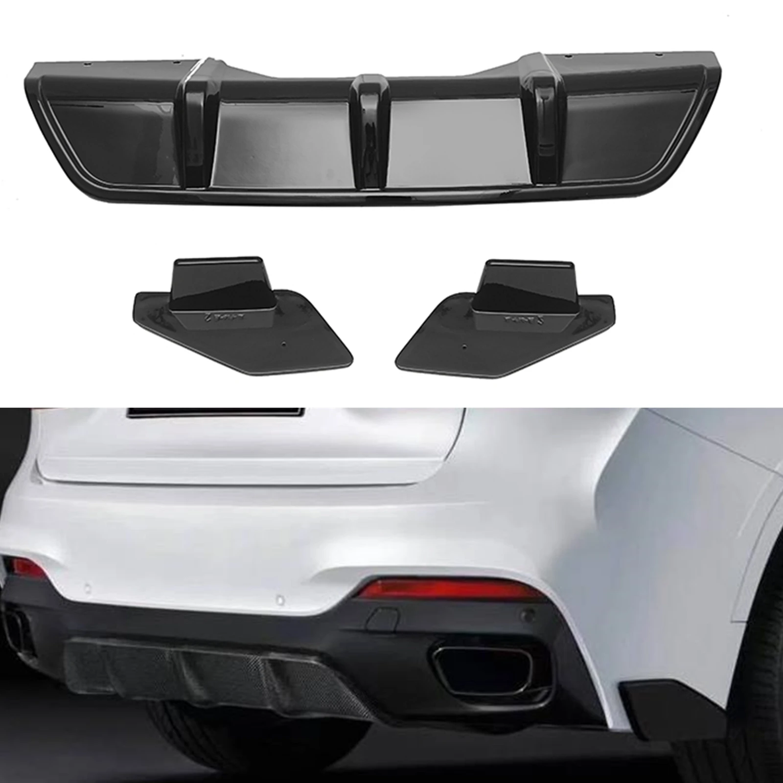 

For BMW X6 F16 2015 2016 2017 2018 Rear Bumper Diffuser Lip+Side Spoiler Cover Trim Glossy Black Boot Guard Plate Board Splitter