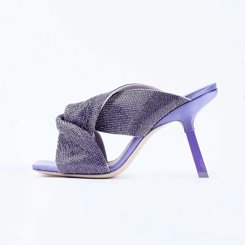 Purple Square Toe Sandals Open High Heels Frosted Velvet Slippers Drag Large Size Women Luxury Sandalias De Mujer Elegant Casual