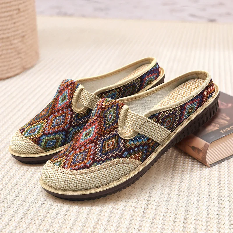 Women Slipper Ethnic Embroidery Summer Flat Shoe Linen Wedge Cloth Shoes Soft Sole Walking Elderly Sandal Ladies Slip-on Muller