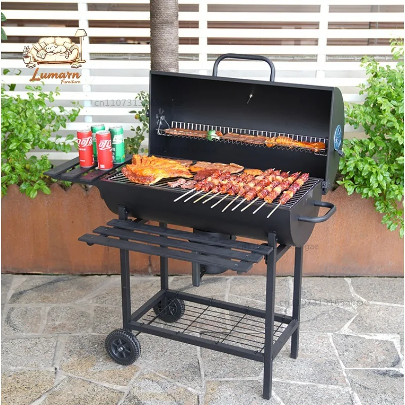 Large Rolling Barrel Charcoal BBQ Grill with Rotisserie Spit Side Shelves Storage Cart Outdoor Backyard Barbecue Grill