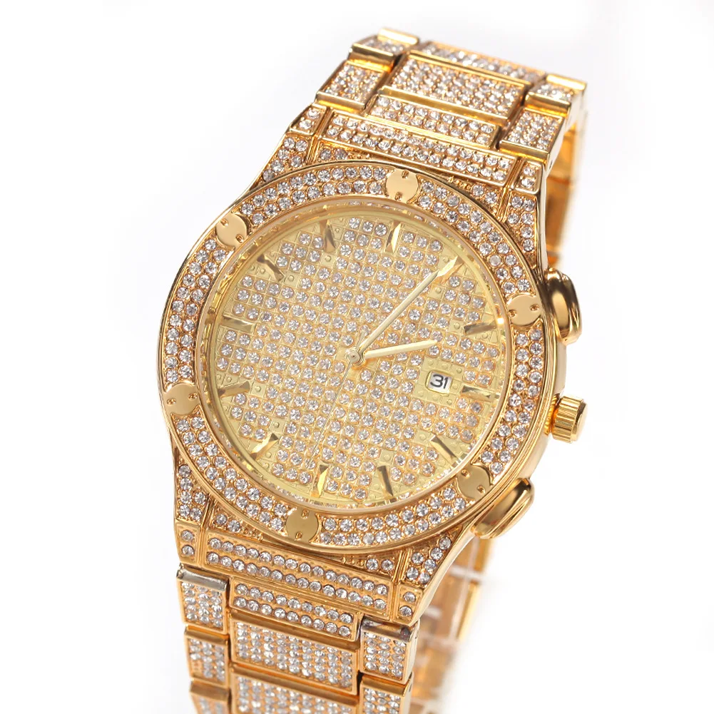 

Hip Hop Fully Iced Out Diamond Drill Mens Watches Stainless Steel Fashion Luxury Rhinestones Quartz Male Business Watch