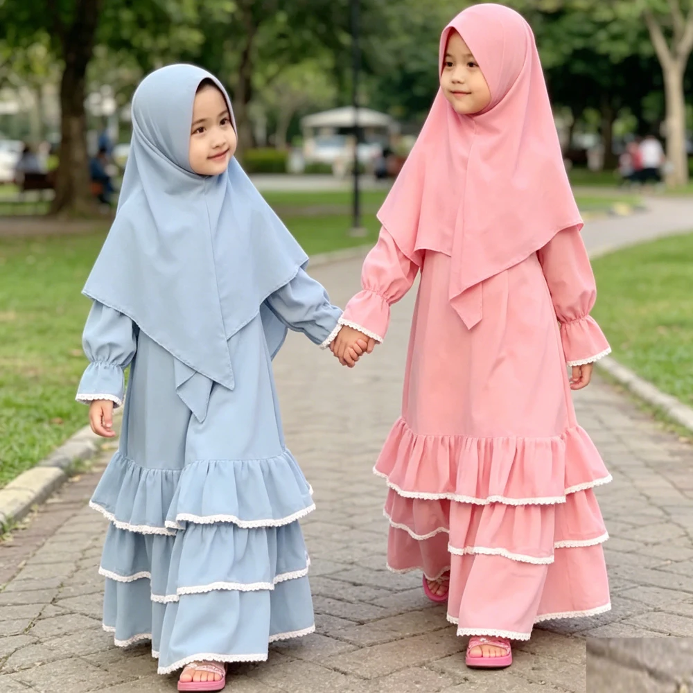 

Muslim Girls Prayer Dress Headscarf Two Piece Children Islam Clothing Khimar Jalabiya Dubai Hijab Abaya Niqab Burqa Kaftan Robe
