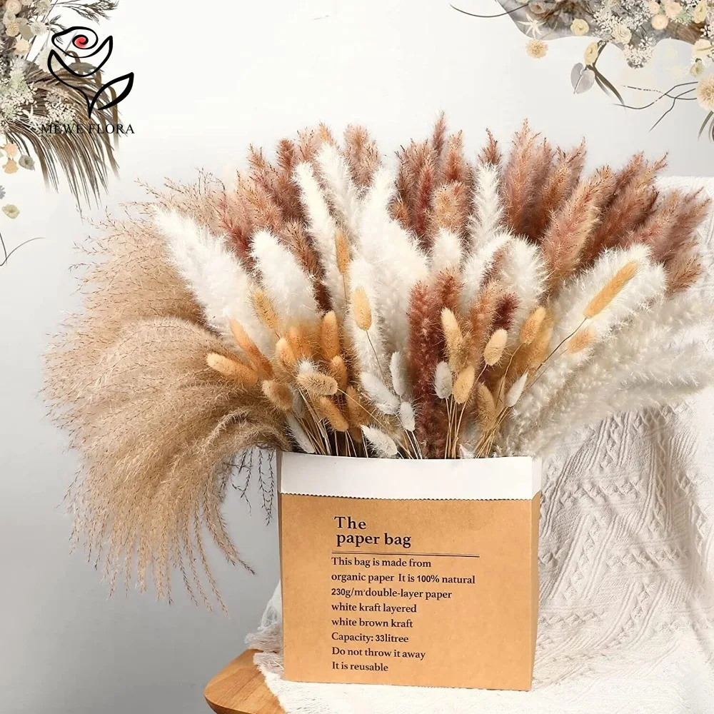 200pcs Fluffy Natural Dried Pampas Grass Bouquet Sets Vase Ornamental Dry Flower Bundle Luxury Home Bohemian Wedding Venue Decor