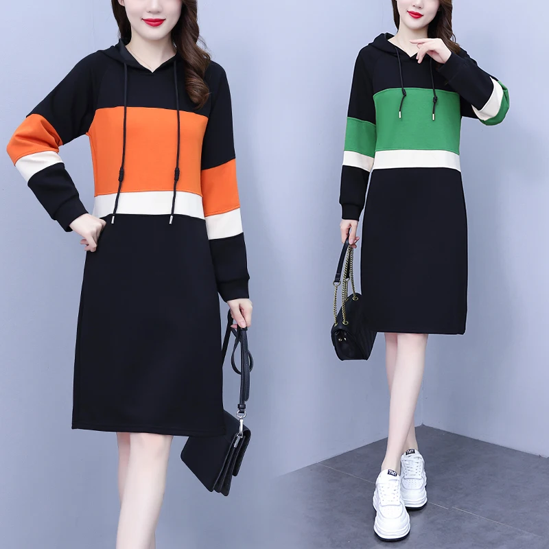 Elegant Cotton T-shirt Dresses For Women 2023 Female Large Size 5XL Autumn Winter A Line Hooded Color Contrast Stitching Vestido